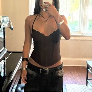 White Fox Brown and Black Lace Corset Halter Top